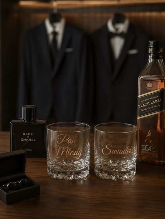 Szklanki do whisky pan młody świadek przygotowania slub wesele dekoracje złoto glamour