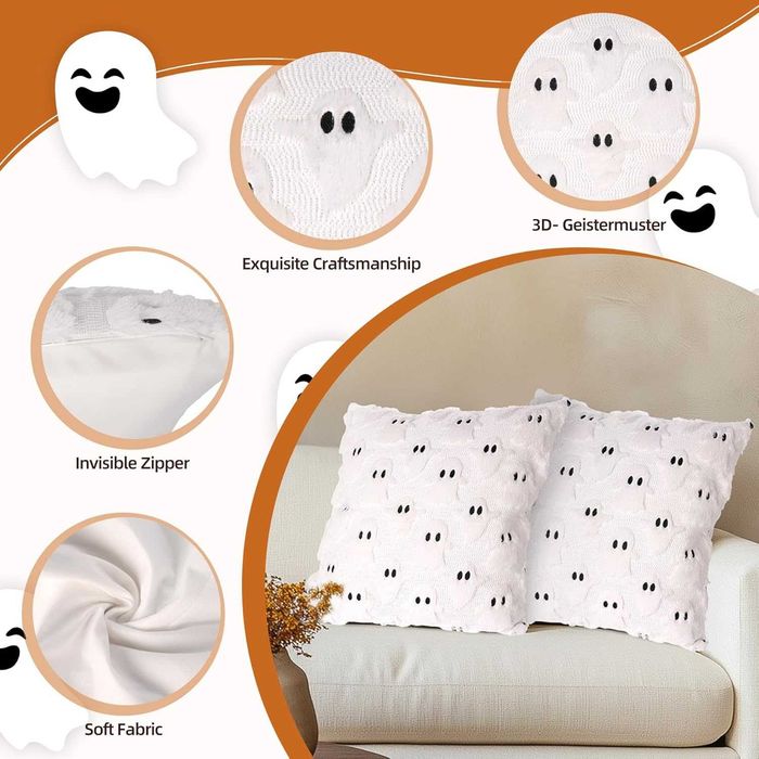 2x Poszewka dekoracyjna na poduszkę Aksamit- 45x45 Halloween BIAŁE DUSZKI