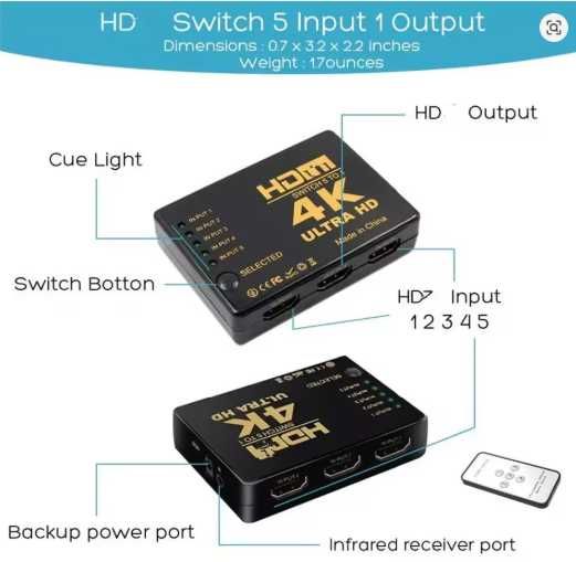 HDMI Switch 5 Entradas 1 Saída 1080P 4K com comando