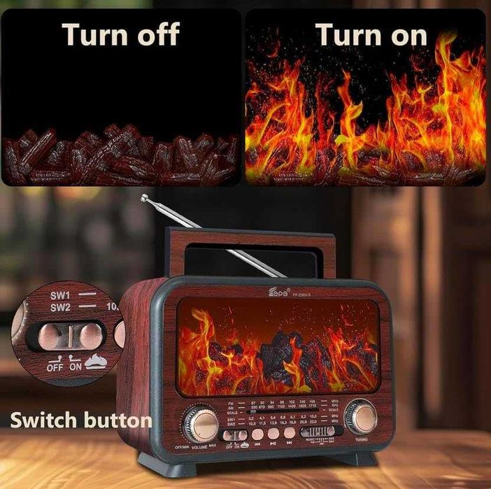 Radio retro z efektem kominka LED