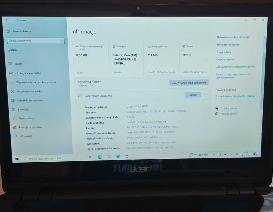 Dotykowy ACER E14 Touch 14"/i3/SSD