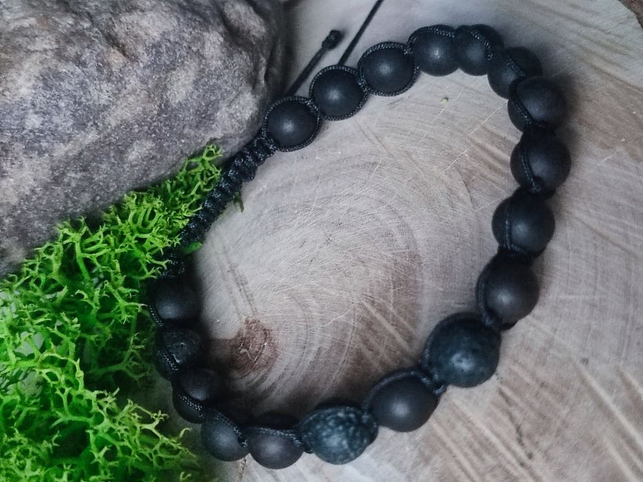 Bransoleta męska, różaniec, czarny heban, lawa wulkaniczna