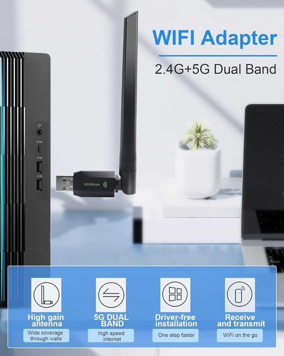 Karta sieciowa dwupasmowa WI-FI ADAPTER USB 650Mbps dual band 2.4G 5G