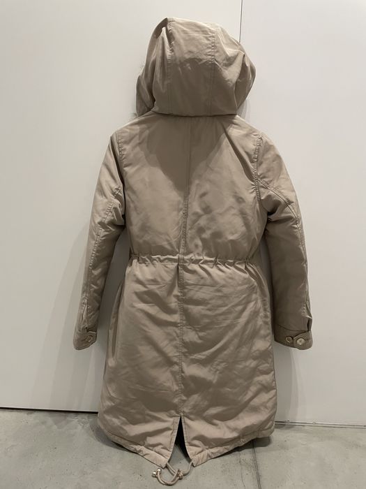Parka plaszcz z kapturem puchowa beżowa lis jenot Ochnik XS/34 s/36