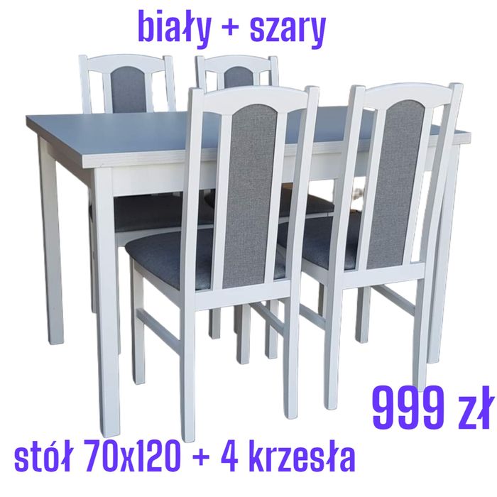 NOWE : STÓŁ + 4 KRZESŁA , BIAŁY + SZARY , transport cała Polska
