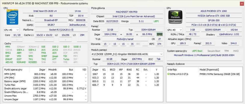 Komputer Gamingowy/Xeon 10 rdzeni/32GB DDR4/GTX1060/256gbNvme/win11pro
