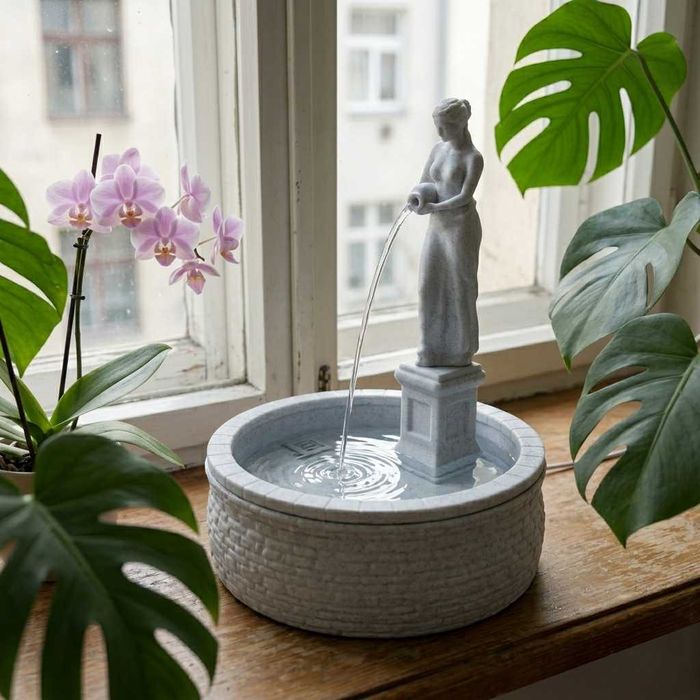 Fonte interior estilo mármore com estátua, presente único zen