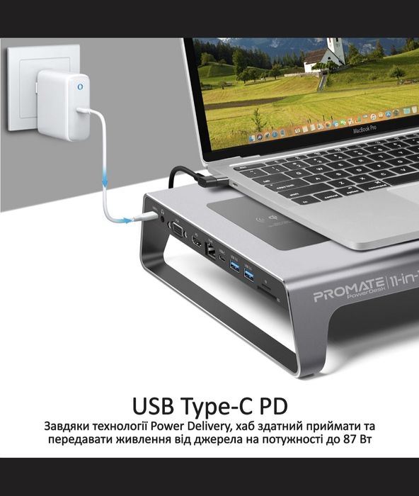 Док-станція 11-в-1 Promate PowerDesk USB-C PD/10W Wireless Charger/HDM