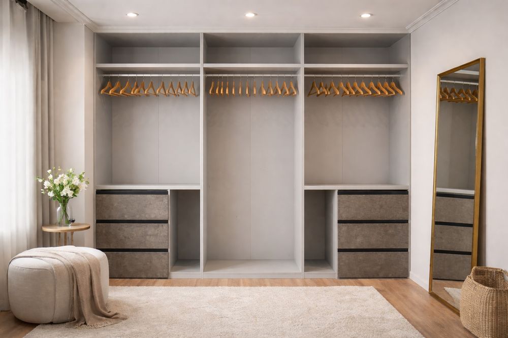 Segment, szafa, zabudowa meblowa bez drzwi w kolorze ciemno szarym