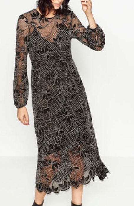 ZARA koronkowa sukienka CZARNA średniej długości NOWA L