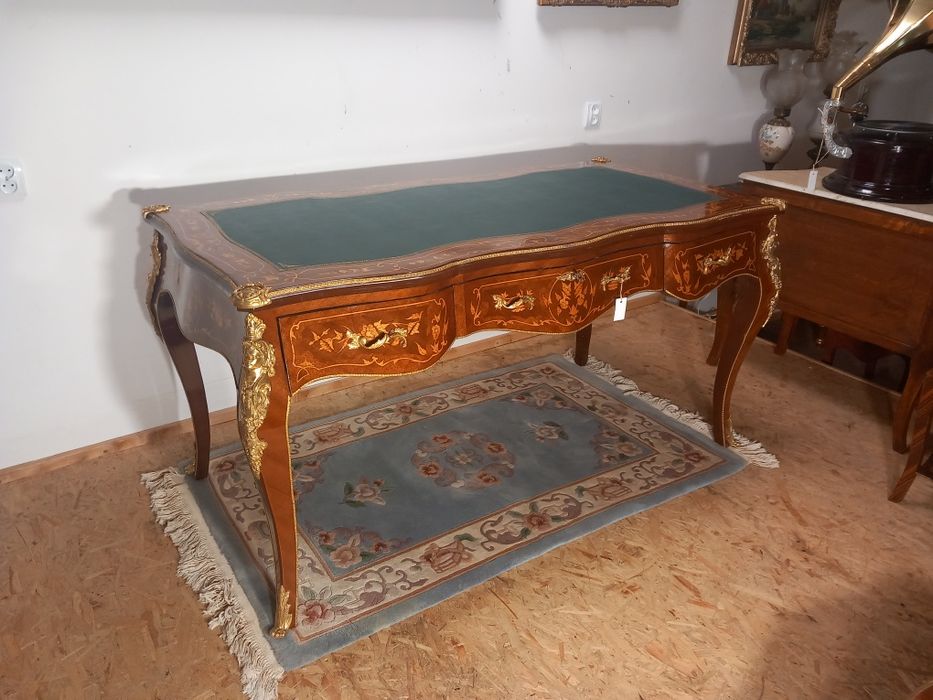 Duże antyczne biurko w stylu francuskim intarsja mosiądz bardzo zdobne