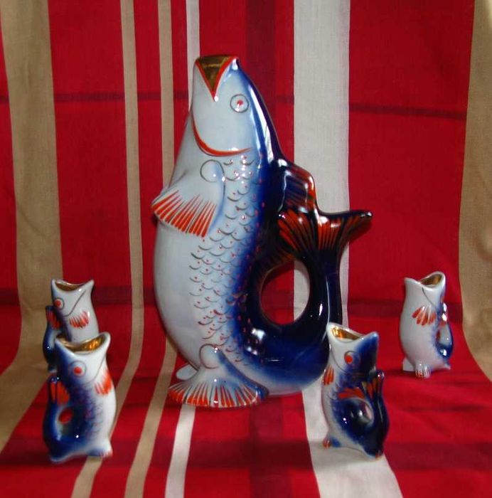 karafka ryba i kieliszki zestaw vintage 5 sztuk