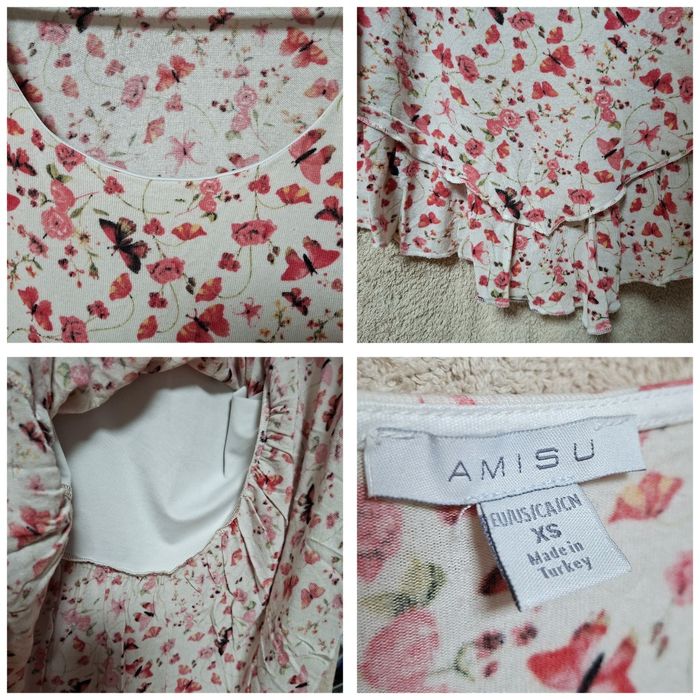 Zestaw 2x Top Amisu XS Cold Shoulder Kwiaty Motyle Boho Falbany