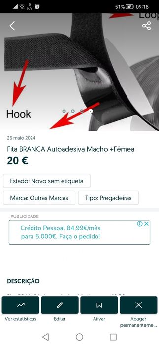 Autoadesiva Macho 18,50 m+Fêmea 18,50 me. Novas