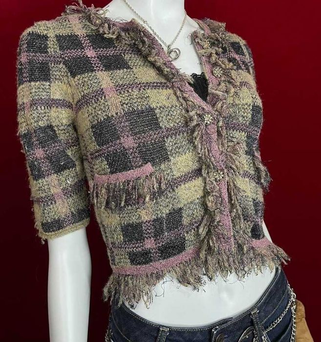 Zara kardigan, sweter, żakiet  połyskującą nici, frędzle, krata