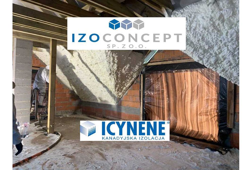 Izolacje dachów i poddaszy pianą PUR Icynene, wdmuchiwanie wełny i celulozy, ocieplenie poddasza, naprawy po kunach, izolacje obiektów przemysłowych