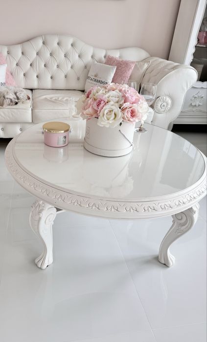 Stół ze szklanym blatem drewniany glamour ludwik biały shaggy chic