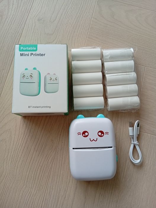 Mini drukarka termiczna, kot, 11 rolek, zestaw, do etykiet, na prezent