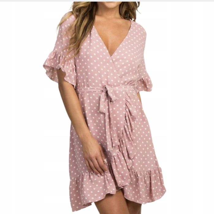 Sukienka damska szyfonowa zwiewna w groszki letnia midi krótki rękaw