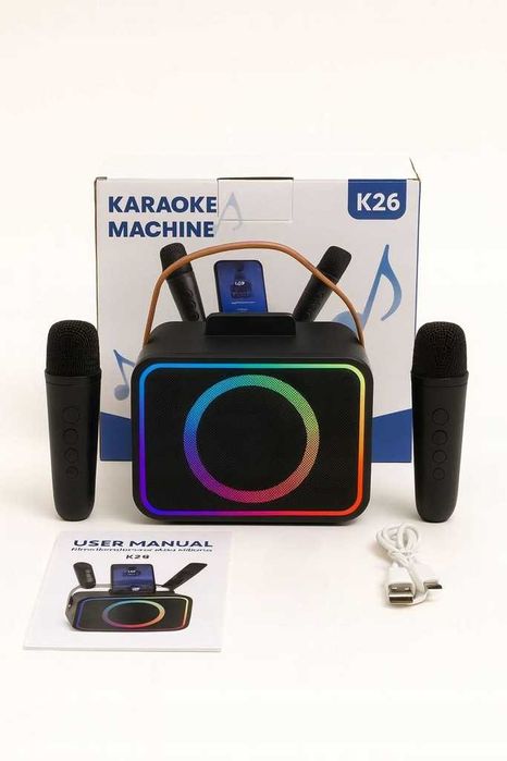 Głośnik Bluetooth Karaoke K26 LED + 2 Mikrofony Bezprzewodowe USB/AUX