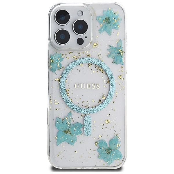 Etui Guess Resin Flowers Glitter MagSafe na iPhone 16 Pro - przezroczy