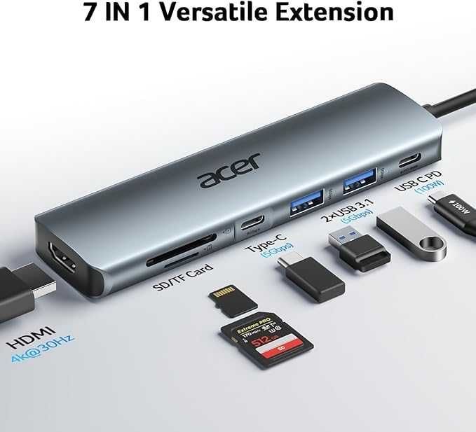 Acer Hub USB C, 7 w 1 Adaptera USB C do HDMI, 4K HDMI, 5Gbps