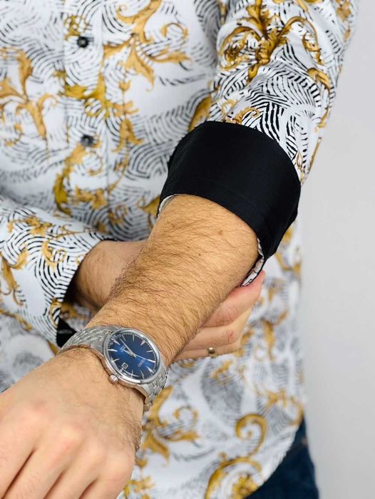 DANIEL BESSI Koszula męska fb114 biała, złota, glamour, kwiaty