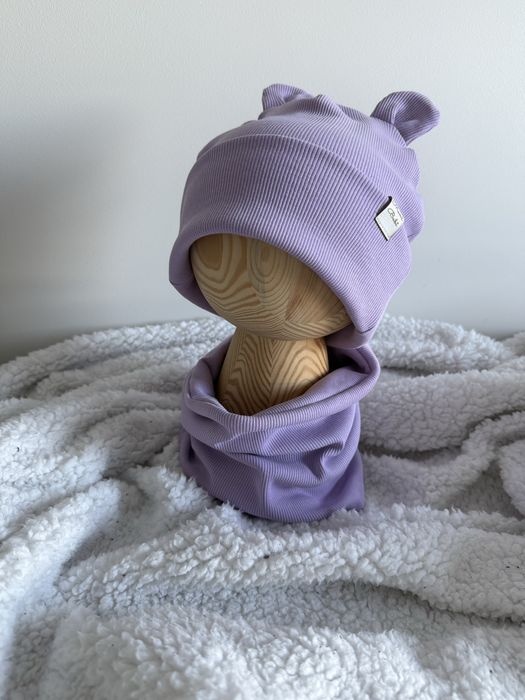 Czapka komin  50/52 prążek wrzos liliowy zestaw wiosna/jesień