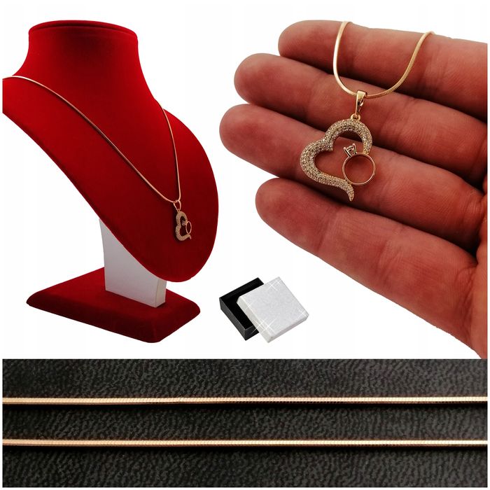 Piękny Złoty Naszyjnik Serce Z Pierścionkiem 50cm