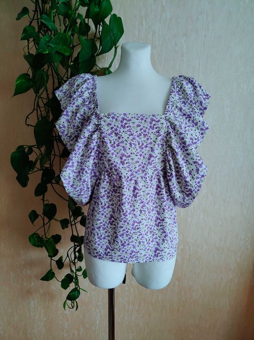 NOWA fioletowa biała kwiecista bluzka babydoll bawełniana r. 40 L Bodyflirt