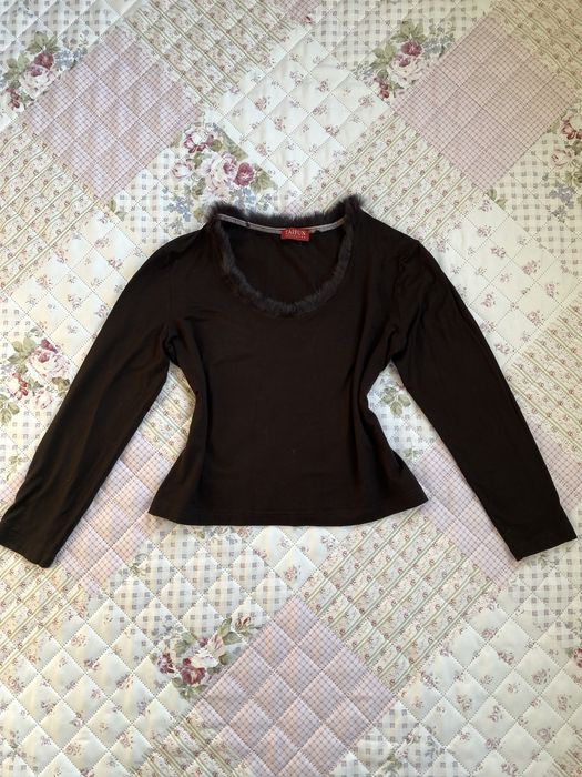 Brązowa bluzka z futerkiem przy dekolcie M 38 L 40 taifun premium