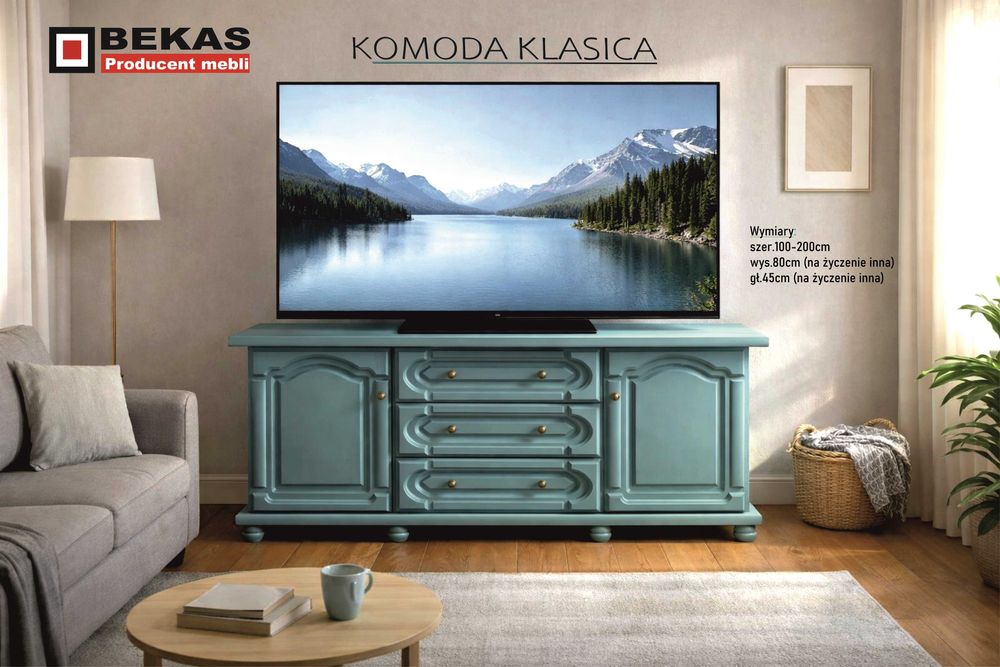 Stylowa KOMODA 160` Pastelowy TURKUS PRODUCENT Mebli BEKAS