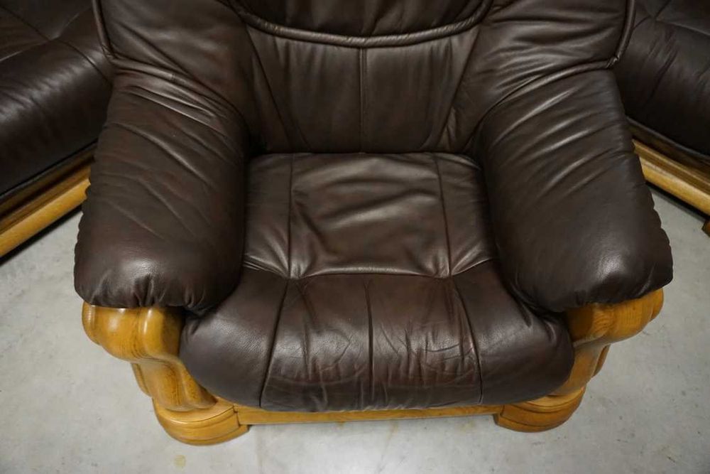 Zestaw na Stelażu Dębowym Skóra Brązowa Naturalna 3+2+1 (w-1118)