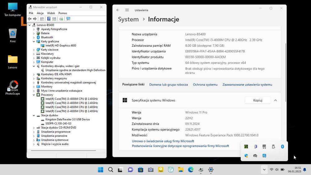 Sprawny Lenovo Win11, i3, 240gb-ssd, 8gb-ram, bateria do 2h, torba