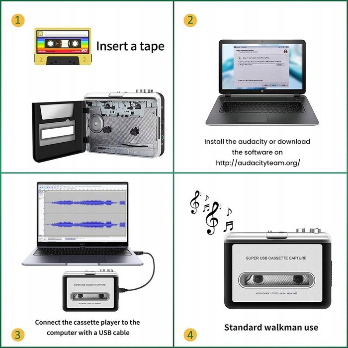 Walkman, Odtwarzacz Kasetowy, Kaset, Przenośny RETRO Konwerter + Słuchawki