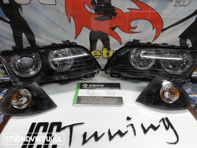 Farois frontais angel eyes para BMW E46 4 portas / limosine 98-01 fundo preto.