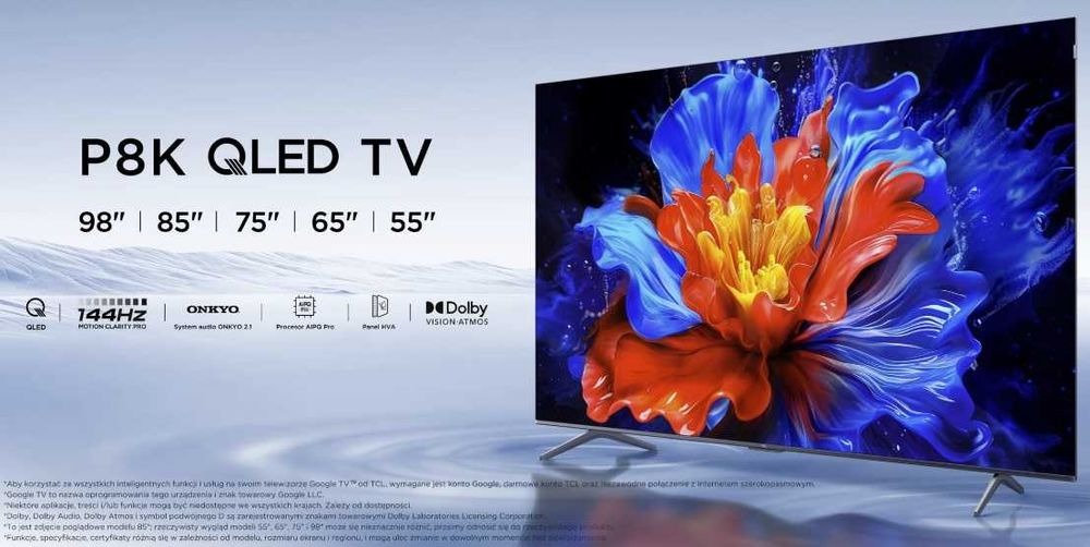Telewizor QLED TCL 55P8K: 4K UHD 144 Hz Smart TV: Google TV HDMI 2.1