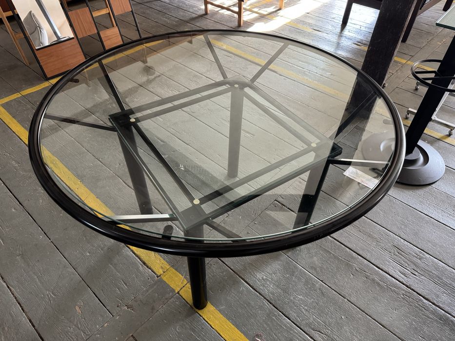 Skandynawski,okragly,metalowy stół z podwójnym  szklanym blatem,lata90