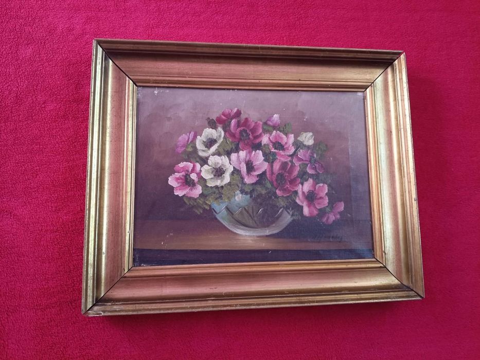 Stary obraz na płótnie sygnowany Kwiaty