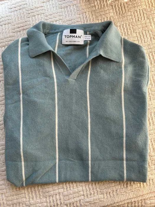 Męska bluzka z krótkim rękawem S w paski niebieska baby blue