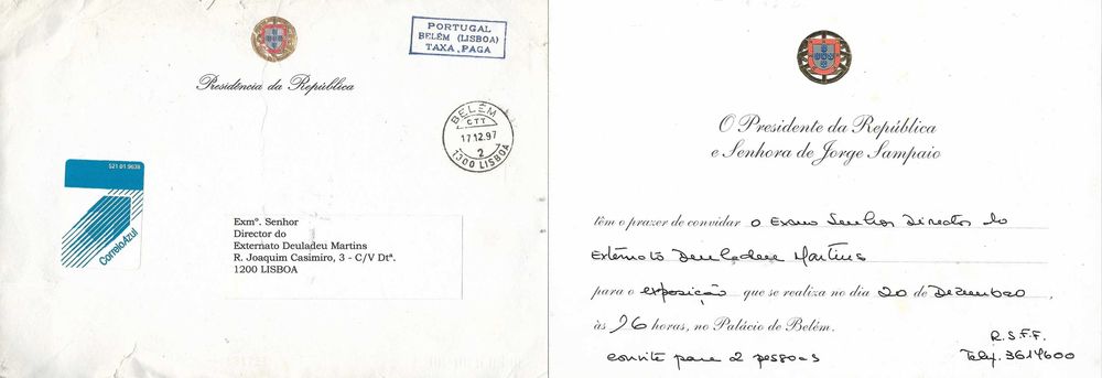 PRESIDENCIA DA REPÚBLICA - Dr Jorge Sampaio - Convite para exposição 1997