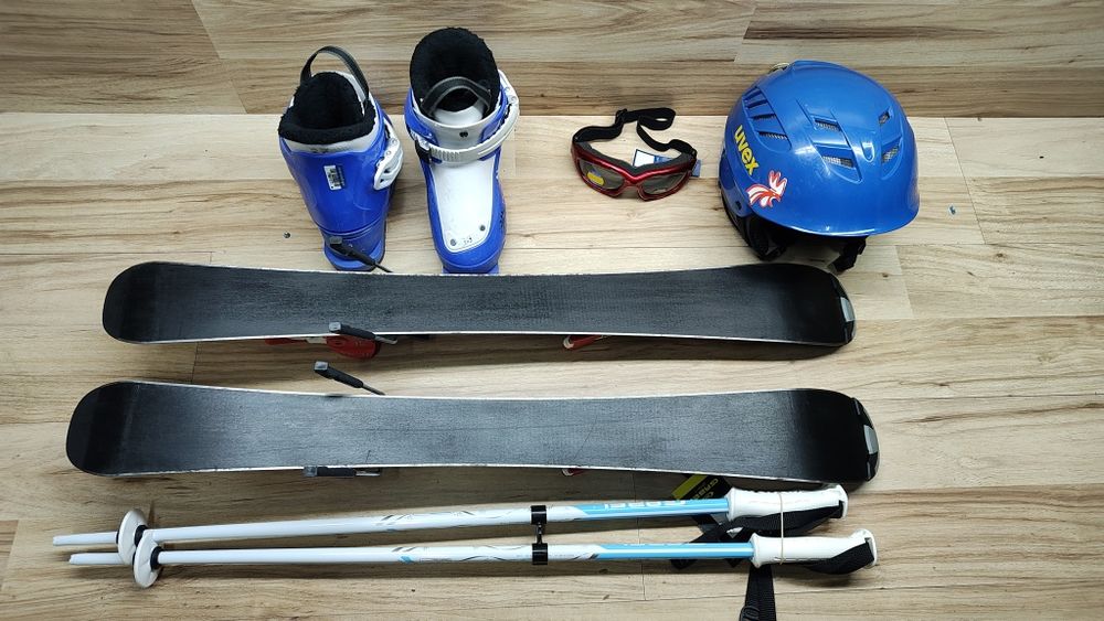 Komplet Junior Narty 80 cm TecnoPro Buty r 27 Kijki Kask Gogle