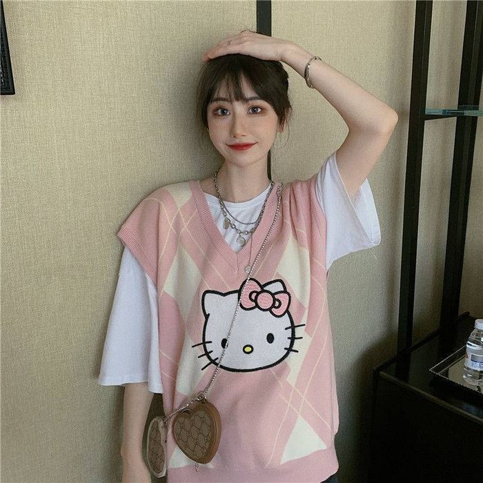 Damski Sweter Anime, Hello Kitty Kamizelka w Romby - S
