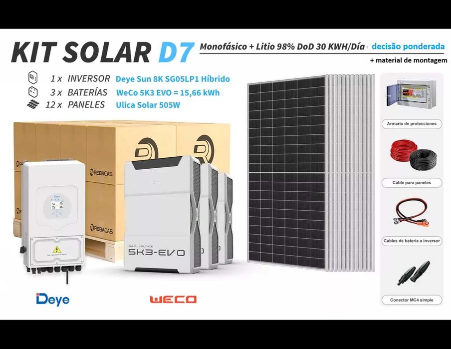 Kit de lítio Deye D7 30 kWh/dia com bateria WeCo 15,66 kWh 98% DOD