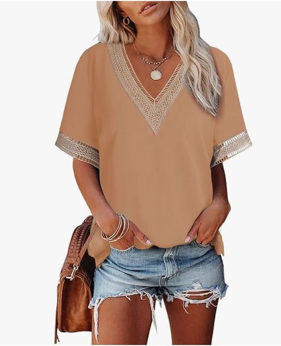 Elegancka bluzka damska z dekoltem w serek,morelowa, rozmiar S Dokotoo