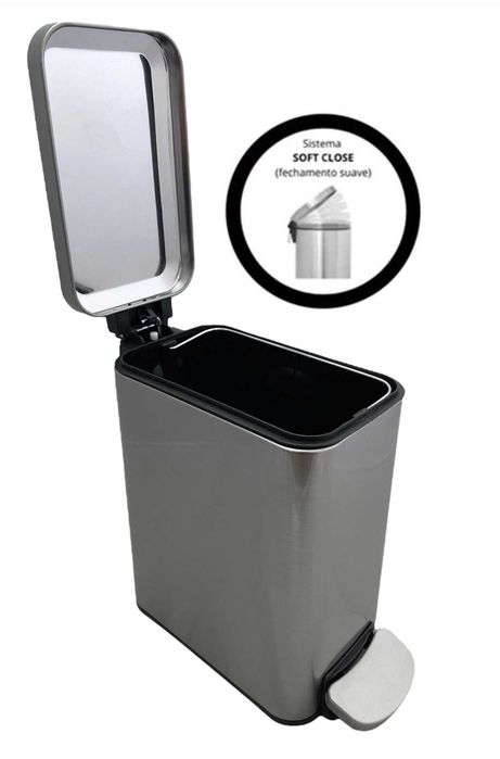 Lixeira retangular slim Inox 6L com pedal e fechamento suave da tampa 29x14x30cm.