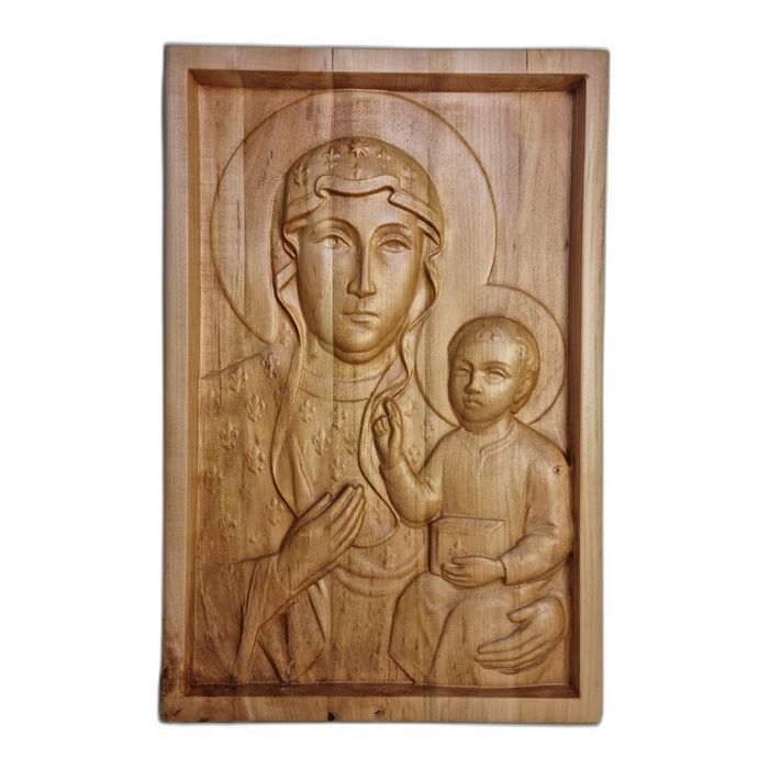 Matka Boska Częstochowska z Dzieciątkiem – lipowa płaskorzeźba 36,5 × 55 cm