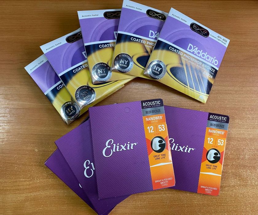 Новые струны для акустической гитары Elixir 12 и D'addario 11