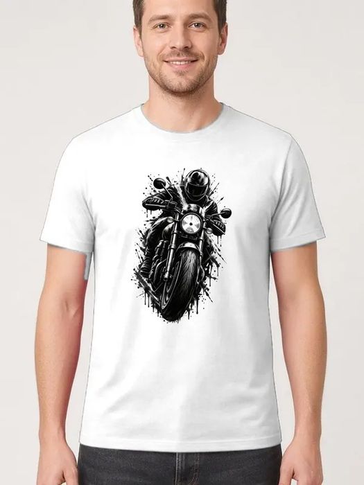 Koszulka męska biała z motocyklistą dla motocyklisty cafe racer prezent 2XL