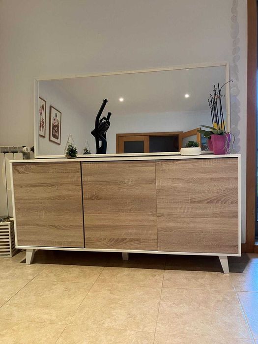 Aparador branco brilhante carvalho 3 portas puxadores invisiveis 154cm